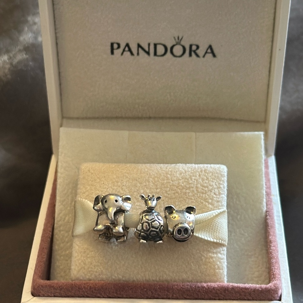 New, Retired, Pandora, Sterling Silver Elephant, Giraffe and Pig Charms.